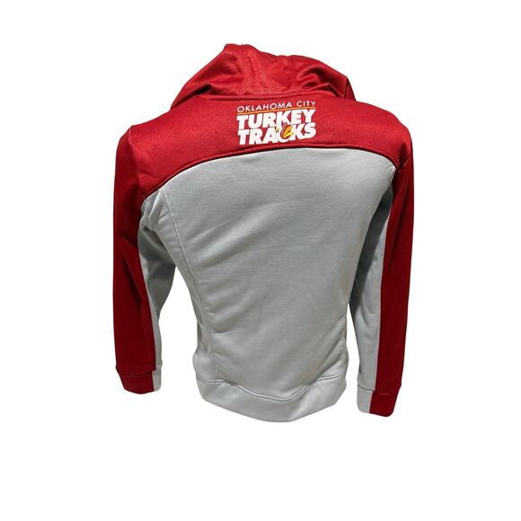 Women’s Running Man Alanic Full Zip Hoodie Red Gray Turkey Tracks Oklahoma City - Picture 5 of 8